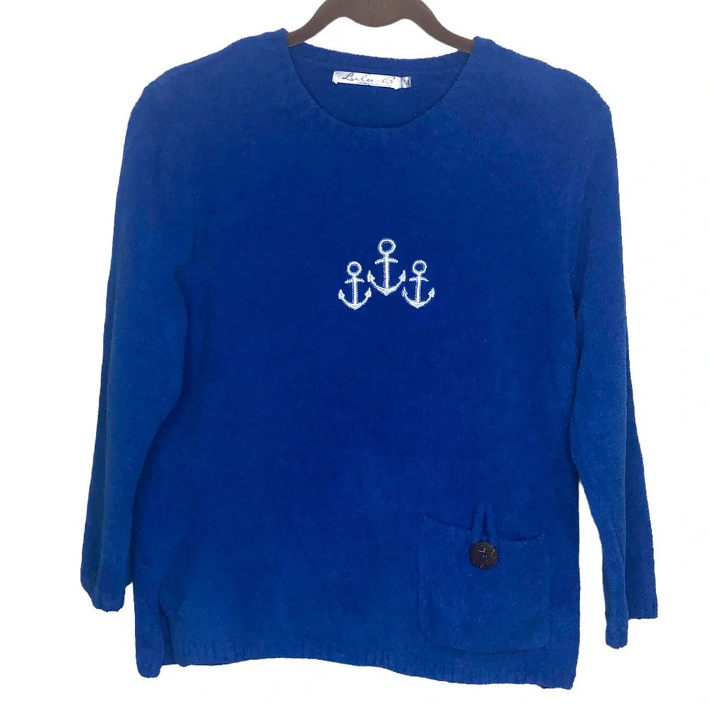 Lulu B Sweater Pullover Royal Blue Nautical Anchors Size M